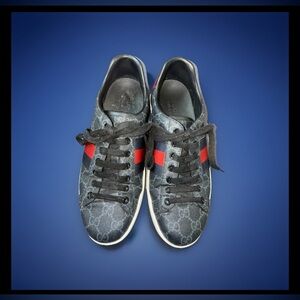 Gucci Ace Web GG Supreme Monogram Sneakers Gray Leather Size 6.5